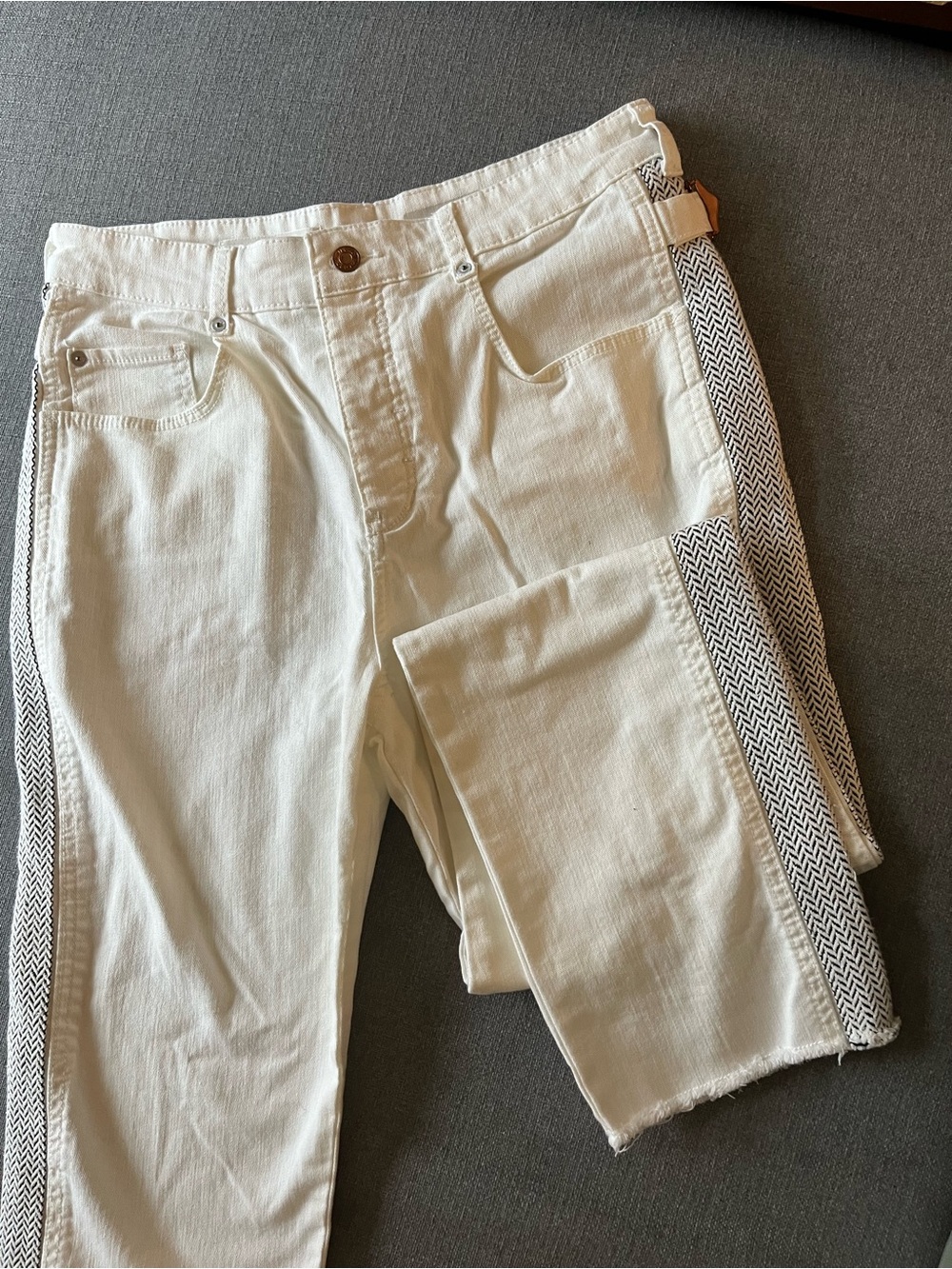 Pilcro Cream Cropped Pants with Black Herringbone Side Trim